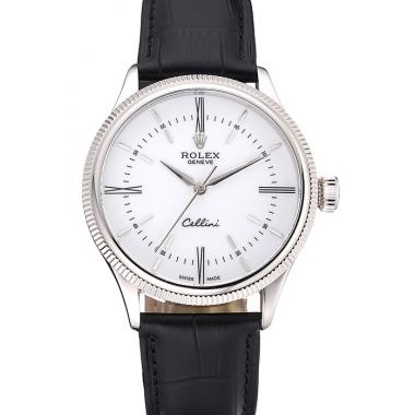 Cheap Swiss Rolex Cellini Time Silver Case White Dial Black Leather Bracelet   622653