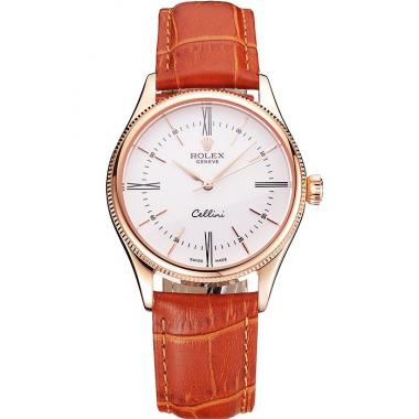 Swiss Rolex Cellini White Dial Roman Numerals Rose Gold Case Light Brown Leather Strap