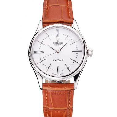 Swiss Rolex Cellini White Dial Roman Numerals Stainless Steel Case Light Brown Leather Strap