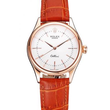 Swiss Rolex Cellini White Dial Rose Gold Case Brown Leather Strap