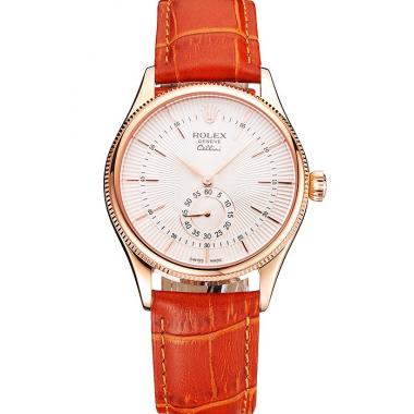 Swiss Rolex Cellini White Dial Rose Gold Case Light Brown Leather Strap