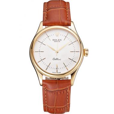 Cheap Swiss Rolex Cellini White Guilloche Dial Gold Case Light Brown Leather Strap