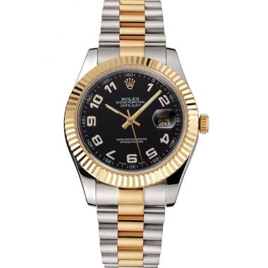 Swiss Rolex Datejust Black Dial Gold Bezel Stainless Steel Case Two Tone Bracelet