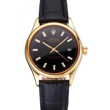 Replica Swiss Rolex Datejust Black Dial Gold Case Black Leather Strap