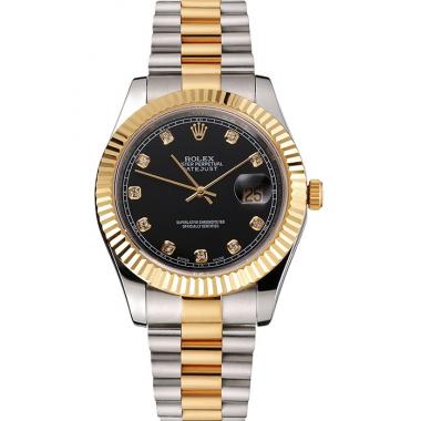 Cheap Swiss Rolex Datejust Black Dial Stainless Steel Case Gold Bezel Two Tone Bracelet