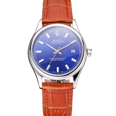 Cheap Swiss Rolex Datejust Blue Dial Stainless Steel Case Light Brown Leather Strap