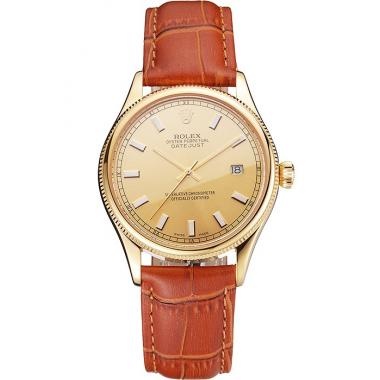 Swiss Rolex Datejust Gold Dial Gold Case Light Brown Leather Strap