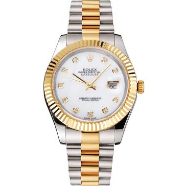 Replica Swiss Rolex Datejust White Dial Diamond Hour Marks Gold Bezel Stainless Steel Case Two Tone Bracelet