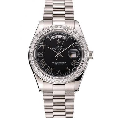 Swiss Rolex Day-Date Black Dial Diamond Case Stainless Steel Bracelet 1453964