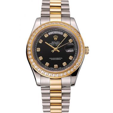 Swiss Rolex Day-Date Black Dial Gold Diamond Case Two Tone Stainless Steel Bracelet 1453975