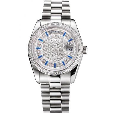 Swiss Rolex Day Date Diamond Pave Dial And Bezel Stainless Steel Case And Bracelet