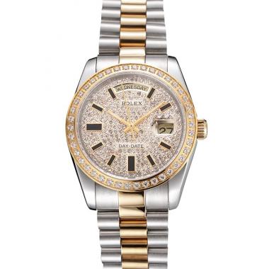 Cheap Swiss Rolex Day Date Diamond Pave Dial And Bezel Stainless Steel Case Two Tone Bracelet