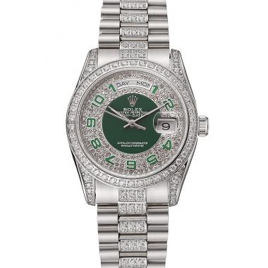 Swiss Rolex Day-Date Diamond Pave Green Dial Diamond And Stainless Steel Bracelet 1453952 Replica