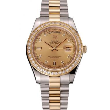 Swiss Rolex Day-Date Gold Dial Gold Diamond Case Two Tone Stainless Steel Bracelet 1453973