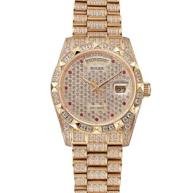 Swiss Rolex Day-Date Red Diamond Pave Dial Diamond Bracelet 1453961