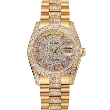 Swiss Rolex Day-Date Red Diamond Pave Dial Gold Diamond Bracelet 1453960 Replica