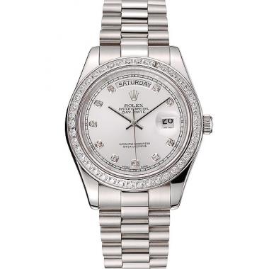 Swiss Rolex Day-Date White Dial Diamond Case Diamond Numerals Stainless Steel Bracelet 1453970 Replica