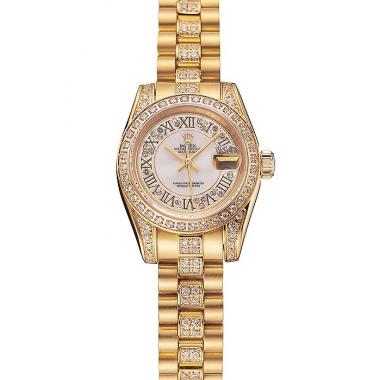 Swiss Rolex DayJust Diamond Pave White Dial Gold Diamond Bracelet 1453957