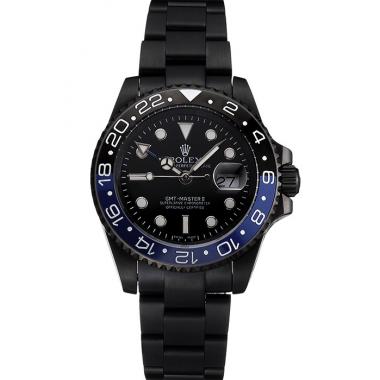 Swiss Rolex GMT Master II Black Dial Blue And Black Bezel Black PVD Case And Bracelet Replica