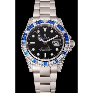 Cheap Swiss Rolex GMT Master II Black Dial Stone Set Bezel Stainless Steel Case And Bracelet 1453747