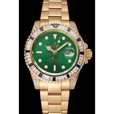 Swiss Rolex GMT Master II Green Dial Stone Set Bezel Gold Case And Bracelet  1453748