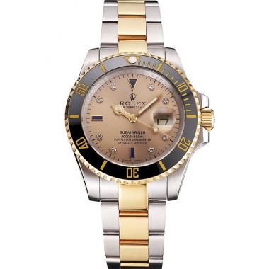 Cheap Swiss Rolex Submariner Gold Dial Diamond Markings Black Bezel Two Tone Steel Gold Bracelet