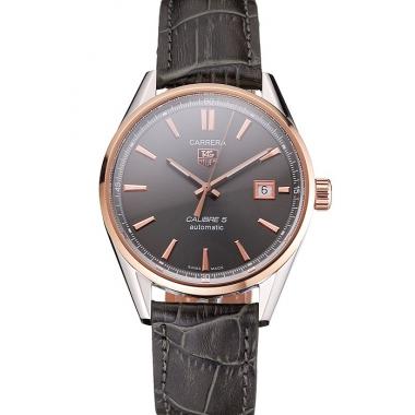 Replica Swiss Tag Heuer Carrera Calibre 5 Gray Dial Rose Gold Case Black Leather Strap