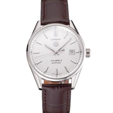 Swiss Tag Heuer Carrera Calibre 5 Silver Dial Stainless Steel Case Brown Leather Strap Replica