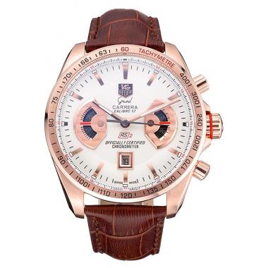 Replica Tag Heuer Carrera Rose Gold Case White Dial Brown Leather Strap 98245