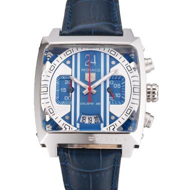 Tag Heuer Monaco 24 Calibre 36 Chronograph Blue And Grey Stripes Dial Blue Leather Strap 622273