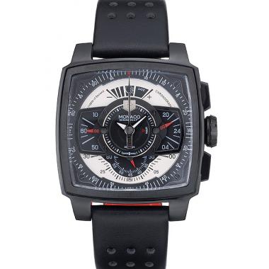 Cheap Tag Heuer Monaco Black-Red Perforated Leather Strap Black Dial 80309