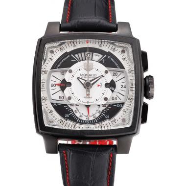 Tag Heuer Monaco Black-Red Perforated Leather Strap White Dial 80307