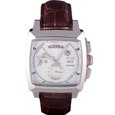 Replica Tag Heuer Monaco Brushed Stainless Steel Case White Dial Brown Leather Strap 98173