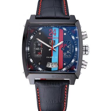 Tag Heuer Monaco Calibre 36 Blue And Red Dial Stripes Dial Black Leather Strap 622272 Replica