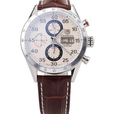 Tag Heuer Swiss Carrera Tachymeter Bezel Dark Brown Leather Strap White Dial