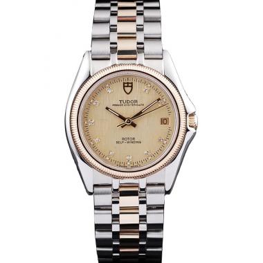 Tudor Swiss  Prince Date Stainless Steel Case Rose Gold Ribbed Bezel Gold Dial