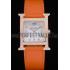 Replica Hermes Heure H Rose Gold Diamond Encrusted Bezel Orange Leather Strap White Dial 80237