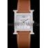 Hermes Heure H Stainless Steel Diamond Encrusted Bezel Tan Leather Strap White Dial 80232