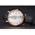 Patek Philippe Calatrava White Dial Diamond Hour Marks Ribbed Bezel Gold Case Black Leather Strap