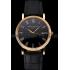 Patek Philippe Calatrava Black Dial Roman Numerals Ribbed Bezel Gold Case Black Leather Strap