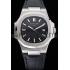 Patek Philippe Nautilus Black Dial Brushed Stainless Steel Case Black Leather Strap Replica