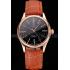 Swiss Rolex Cellini Black Dial Roman Numerals Rose Gold Case Light Brown Leather Strap