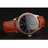 Swiss Rolex Cellini Black Dial Roman Numerals Rose Gold Case Light Brown Leather Strap